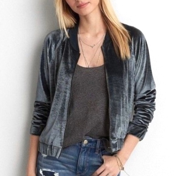 NEW American Eagle Outfitters Velvet Bomber Jacket size M Grey - Picture 2 of 8